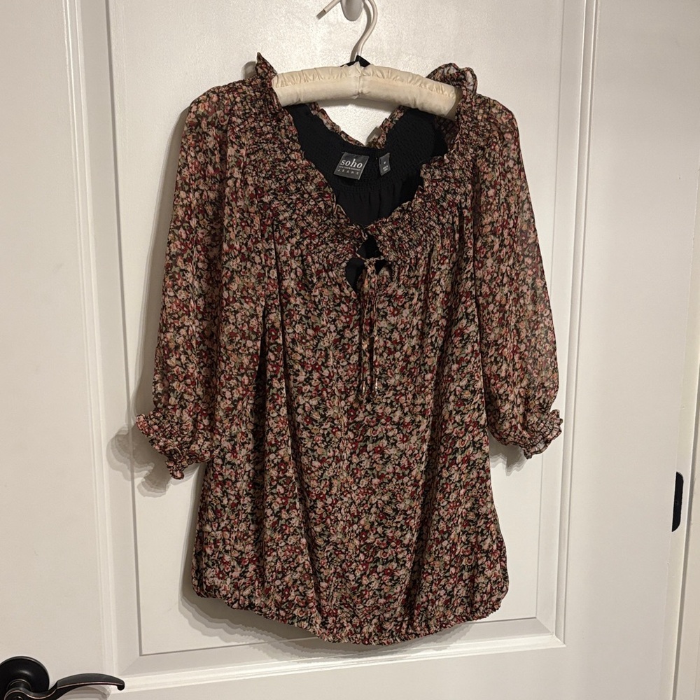 Soho Black and Red Floral Blouse with Ruffle Trim Cottage Core Blouse.